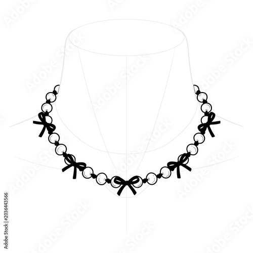 Technical line art of pearl choker with small velvet bows.
