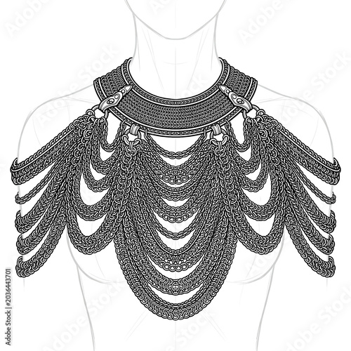 Technical line art of cascading heavy chainmaille drape necklace.