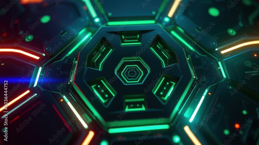 Obraz premium Futuristic tunnel interior. Hexagonal patterns dominate, illuminated by vibrant neon lights. Dark background emphasizes glowing details. Complex geometry creates depth.