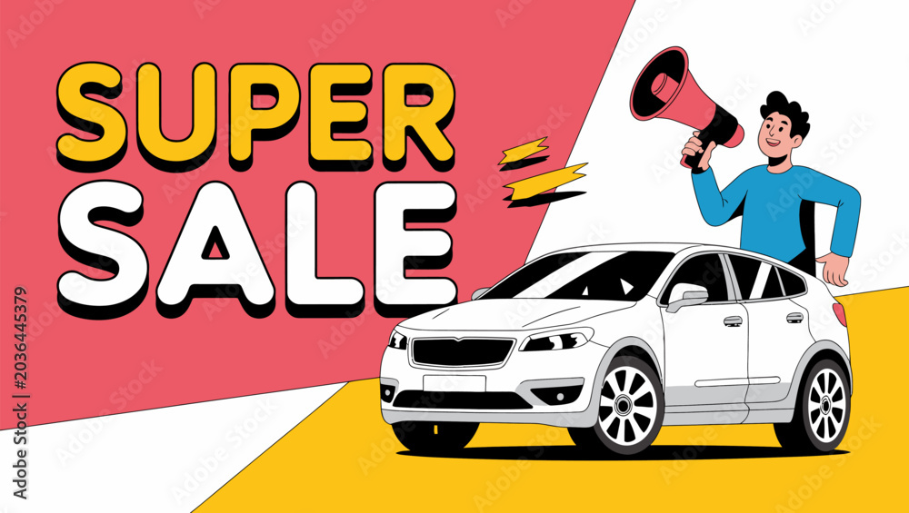 Fototapeta premium Man advertising super sale on white car Vector, illustration