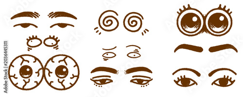 Photos Set of cartoon eyes doodle graphics displaying fun variety of expressive look shapes compiled in grid layout for alternative youth culture streetwear clothing brand apparel clip art