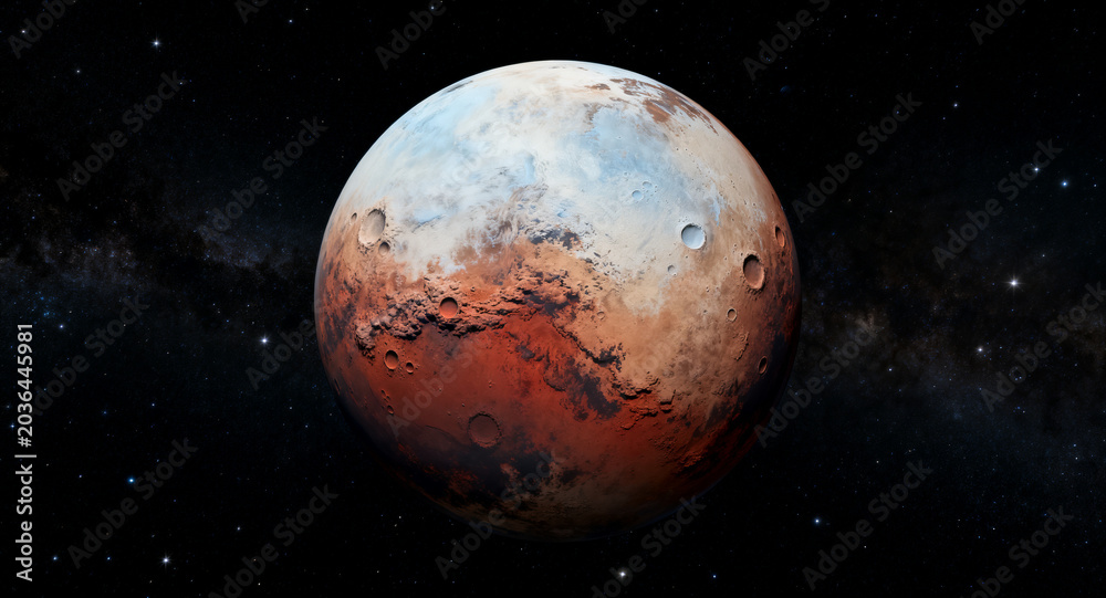 Obraz premium High-resolution digital rendering of the dwarf planet Pluto set against a star-filled cosmic backdrop