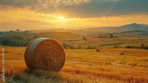 Golden Agricultural Landscape Featuring Harvested Wheat Rolls Under Afternoon Sunlight