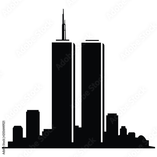 Metropolis skyline vector silhouette illustration with twin towers and urban cityscape view.