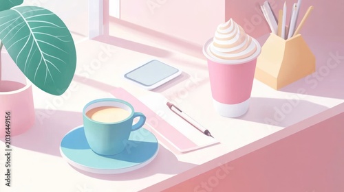 Pastel-toned workspace scene with coffee and supplies