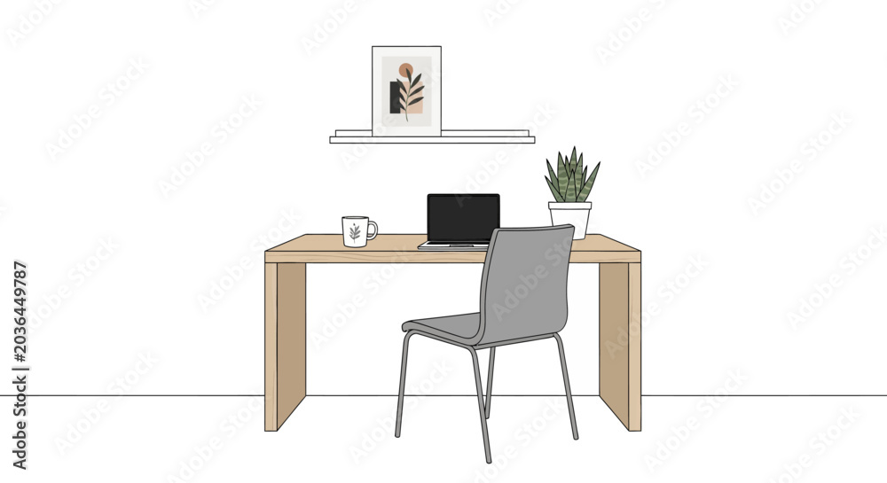 Fototapeta premium Minimalist home office desk setup illustration with laptop and plant.