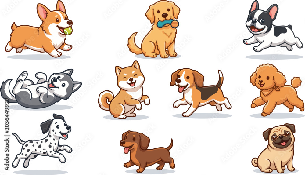 Obraz premium Set of cute cartoon dog breeds in various poses including running jumping sitting and playing fetch for pet shop branding animal lover projects and children educational materials vector collection.