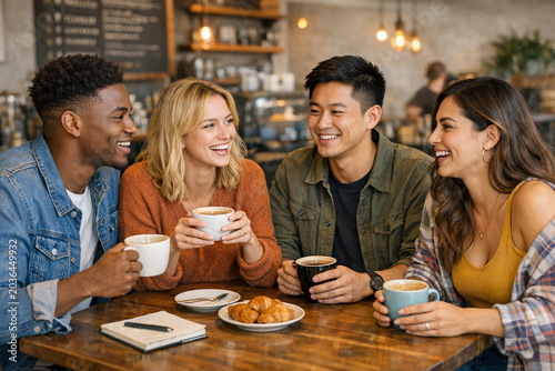 Four young friends sharing laughs over coffee