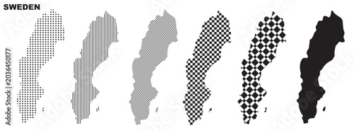 Sweden map silhouette vector, isolated country outline graphic set, 6 black design templates with dots stripes and checkered patterns, geometric abstract digital layout element