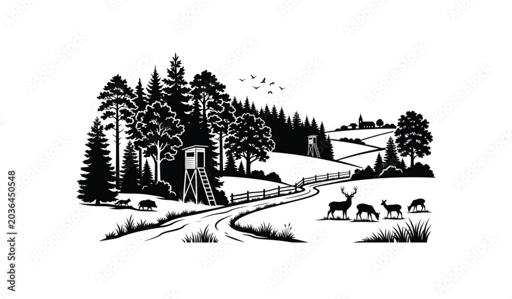 Fototapeta premium Forest meadow field and hunting stand silhouette landscape with wildlife vector illustration