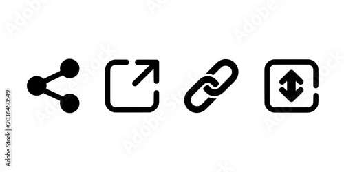 Share Icon Set of Connected Nodes, Chain Link, and Upload and Download Arrows in Black on White Featuring Transfer, Connection, Network with Graph