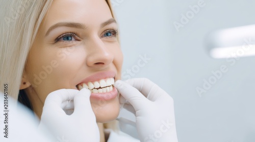 Woman receiving dental care in a minimal clinical setting with bright lighting