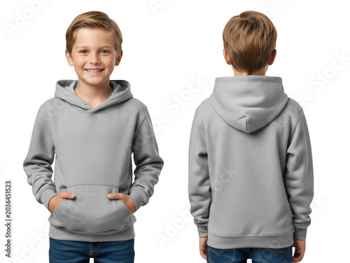 Boy wearing gray hoodie with hands in pockets
