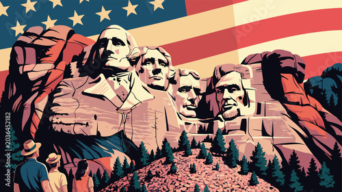 Fotografie Mount Rushmore National Memorial with the American flag in the background and visitors admiring the monument