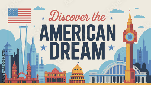 Bild auf Leinwand Discover the American Dream: A vibrant illustration showcasing iconic American landmarks and symbols, evoking a sense of aspiration and national pride