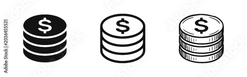 Bild auf Leinwand Stack of Dollar Coins Icons - Set of Solid, Outline, and Hand-Drawn Money and Fi