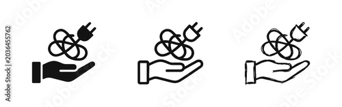 Cuadro en lienzo Hand holding tangled power cord icon set, electric plug vector illustration in t
