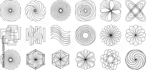 Abstract geometric spiral line art collection with modern circular shapes, hypnotic patterns and minimal black outline vector set
