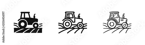 Tableau sur toile Tractor and farming icon set, agricultural machinery in field in solid, outline, and hand-drawn styles