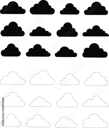 Set of vector clouds, collection of cloud icons, flat design, black and white silhouettes