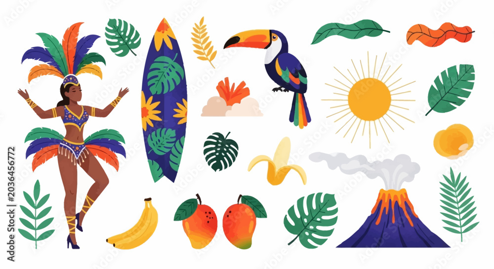 Obraz premium Vibrant collection of tropical and carnival elements including a samba dancer, toucan, surfboard, fruits, and volcano, perfect for summer travel themes.