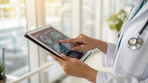 Doctor examining brain scans on a digital tablet in a bright medical office with a stethoscope visible.