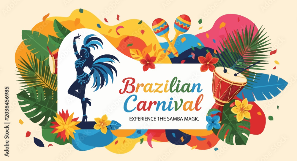 Obraz premium Vibrant illustration of a Brazilian Carnival celebration with dancers, musicians, and tropical foliage.