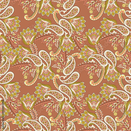 Elegant Vector Seamless Pattern with Ornamental Paisley and Flowers