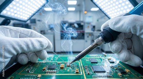 Closeup hands soldering circuit board, precision iron melting solder on tiny components