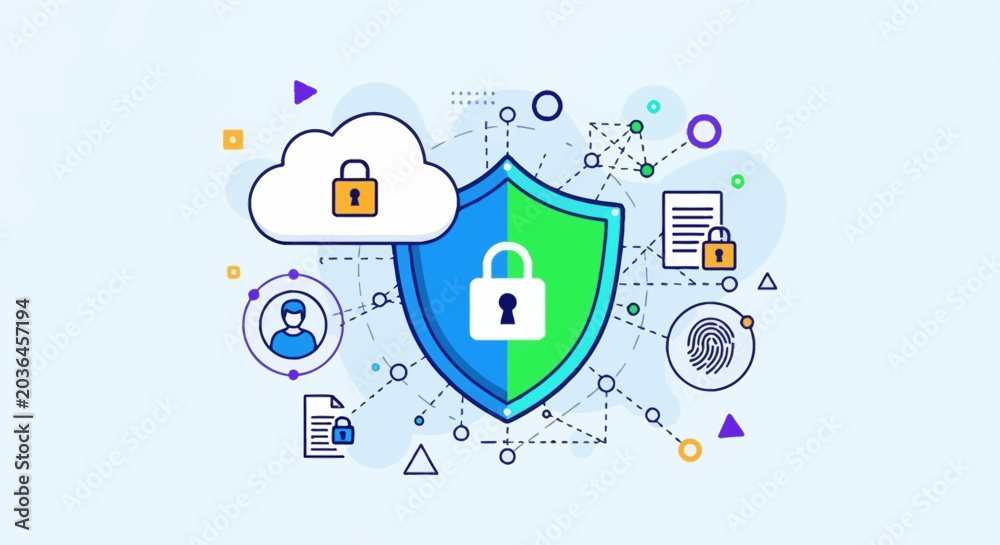 Fototapeta premium Digital security and data protection concept with cloud, shield, padlock, fingerprint, and user icons.