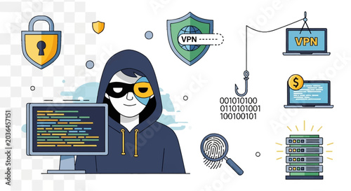 Illustration of a hacker in a hoodie and mask, surrounded by cybersecurity symbols like a lock, VPN, and binary code.