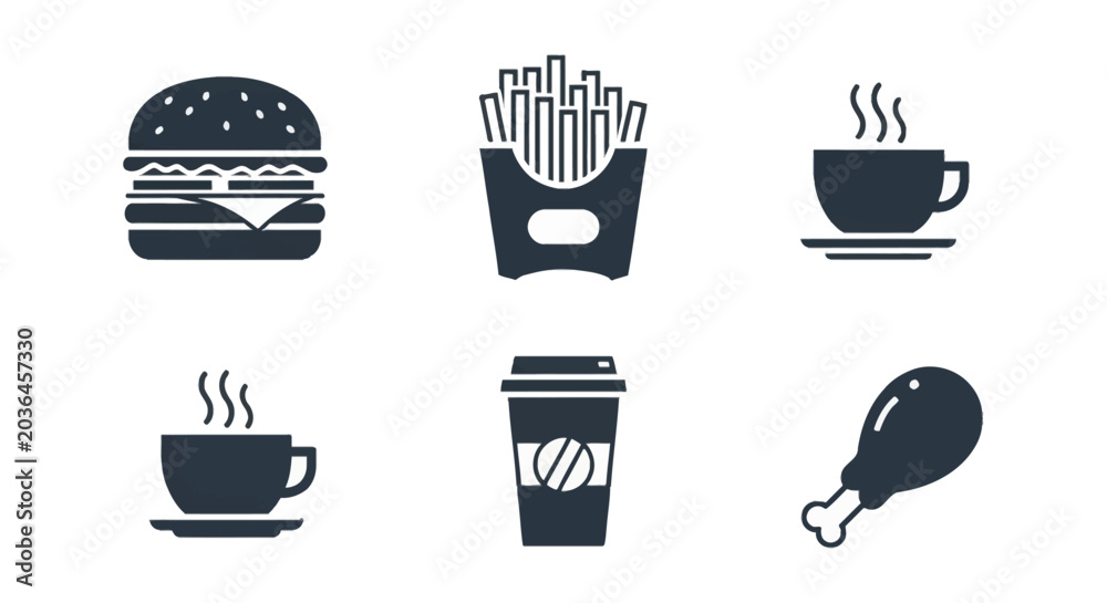 Fototapeta premium A collection of six dark grey icons representing fast food and beverages, including a burger, fries, coffee cups, a to-go coffee cup, and a chicken leg.