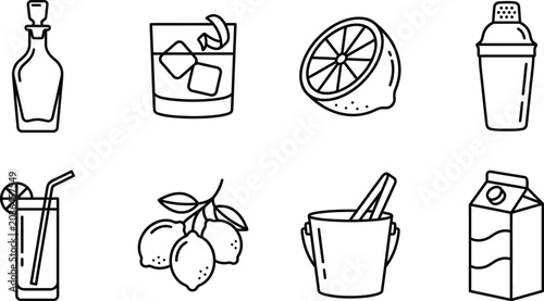 Modern Barware and Cocktail Outline Vector Icon Set with Shaker, Ice Bucket and Fresh Citrus Fruits