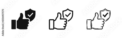 Foto Thumbs up with security shield icons for safety approval and guarantee in solid,