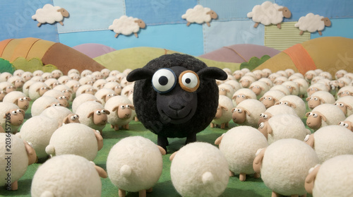Distinguished black sheep standing out in a flock of white sheep in a green meadow with felt hills and sky