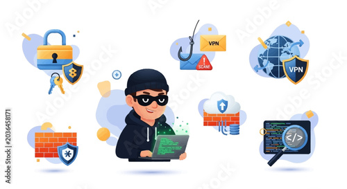 A detailed illustration of cybersecurity concepts including a hacker, phishing, VPN, firewall, cloud security, and code analysis.