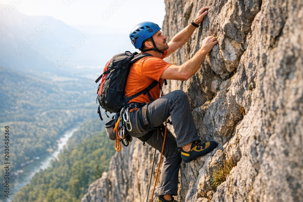 Obraz premium A person scaling a rocky mountain trail, with steep terrain and rugged landscape