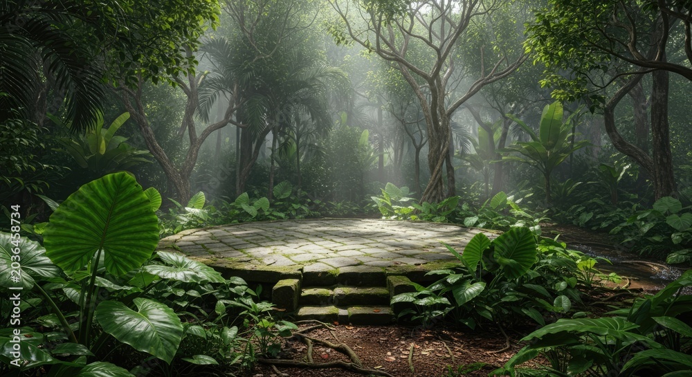 Obraz premium Mossy circular stone podium in misty tropical jungle clearing