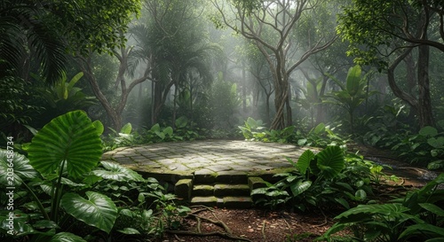 Mossy circular stone podium in misty tropical jungle clearing