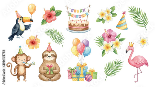 Photography Cute jungle party clipart with flamingo, toucan and tropical flowers