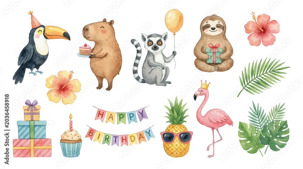 Fototapeta premium Tropical watercolor birthday clipart with cute animals and pastel party decorations. Collection of Vector illustrations for invitation, card, poster, banner, decoration