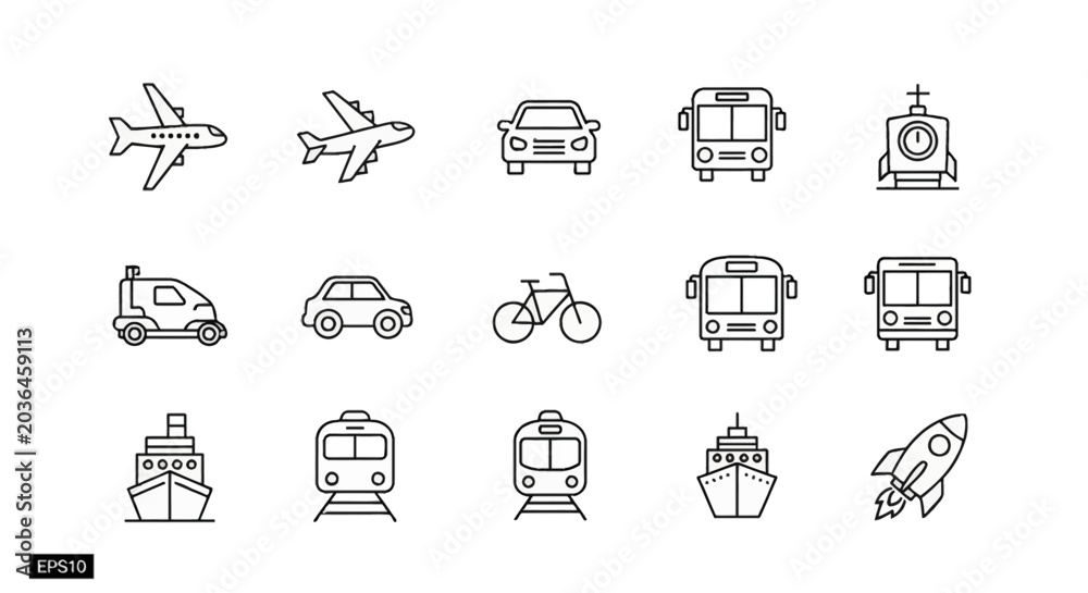Fototapeta premium A collection of various transportation vehicles and modes of travel, including airplanes, cars, buses, trains, ships, bicycles, and a rocket.