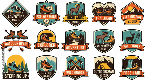 A collection of retro styled outdoor adventure badges representing popular exploration activities including hiking camping and wilderness travel displaying sturdy footwear majestic mountains and