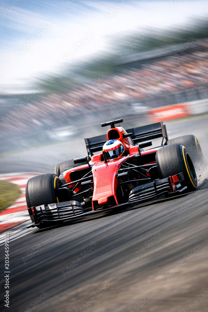 Obraz premium Action shot of a red Formula 1 car speeding down the track.