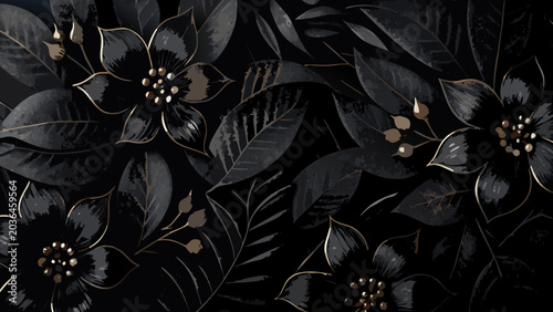Tableau sur toile Dark floral ornament featuring overlapping leaves and blossoms a detailed vector