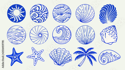 Obraz na plátně Collection of blue line icons depicting marine life and oceanic elements on a wh