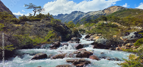 Bild auf Leinwand Rushing Mountain River with Cascades and Andean Peaks in Tierra del Fuego