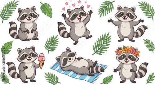 Cute raccoon cartoon characters set, funny tropical animal activities vector illustration isolated on white background