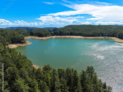 Aerial view from the reservoir within the La Yeguada National Park. Nestled within an ancient volcanic complex, characterized by pine forests, mountains, and a stunning natural backdrop. Panama