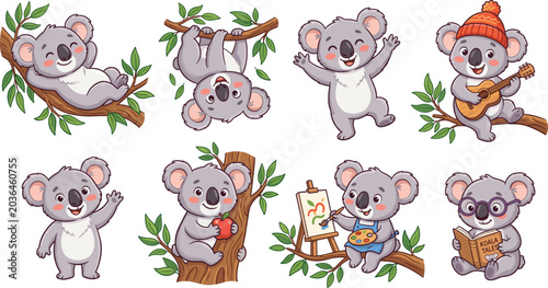 Cute koala cartoon characters set, funny Australian animal activities vector illustration isolated on white background